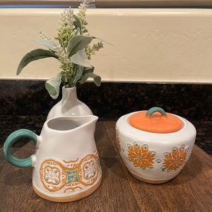 InHomestylez Terra Cotta Cream And Sugar SET Orange Green Colors Boho Style